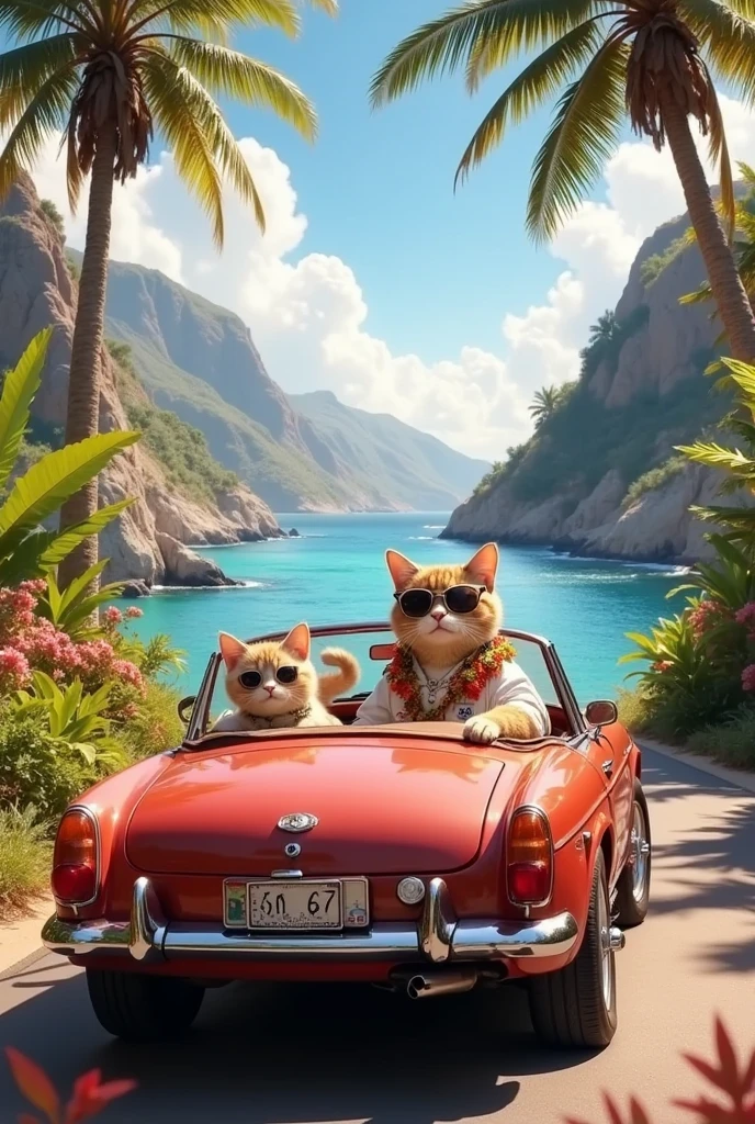 cute animal journey :Traveling in an open-top car, Tropical seaside road, A cat wearing sunglasses is driving a car, Aloha Shirt, adorable animal companion, intricate details, studio lighting, vibrant colors, cinematic lighting, epic fantasy, detailed environment, lush nature, photorealistic, highly detailed, masterpiece, 8k, hyper detailed