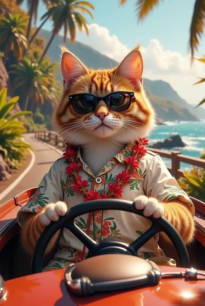 cute animal journey :Traveling in an open-top car, Tropical seaside road, A cat wearing sunglasses is driving a car, Aloha Shirt, adorable animal companion, intricate details, studio lighting, vibrant colors, cinematic lighting, epic fantasy, detailed environment, lush nature, photorealistic, highly detailed, masterpiece, 8k, hyper detailed