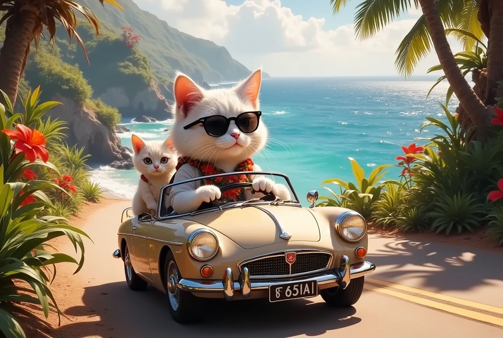 cute animal journey :Traveling in an open-top car, Tropical seaside road, A cat wearing sunglasses is driving a car, Aloha Shirt, adorable animal companion, intricate details, studio lighting, vibrant colors, cinematic lighting, epic fantasy, detailed environment, lush nature, photorealistic, highly detailed, masterpiece, 8k, hyper detailed