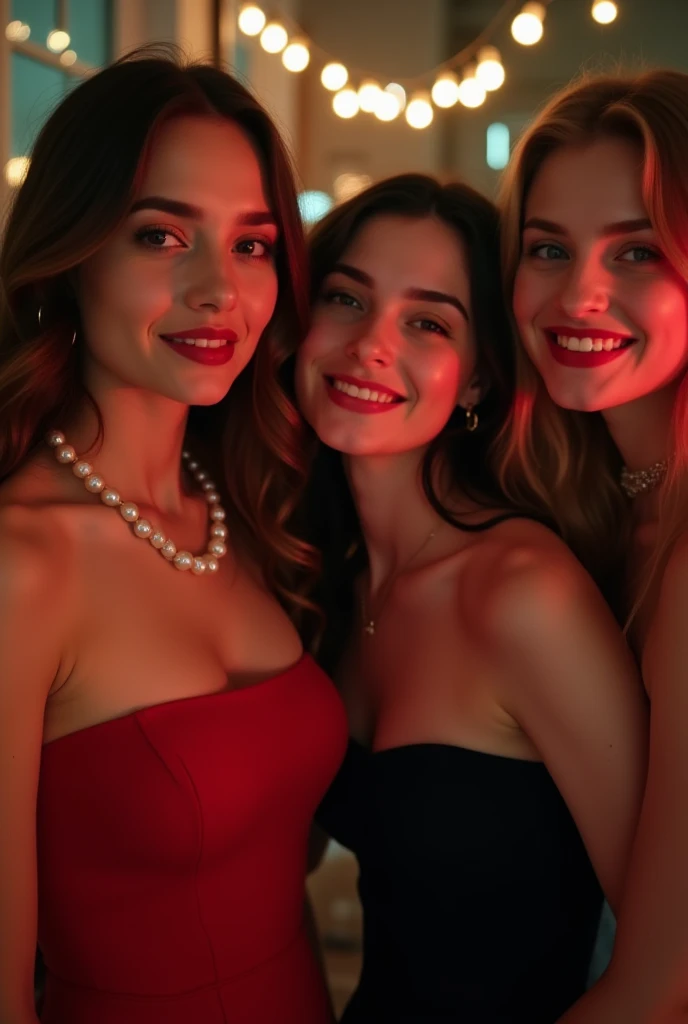 Three women are in the spotlight, similar in appearance to the photos you provided. They are at a party with a predominantly black and red background., with subtle lighting to highlight the sophisticated nocturnal atmosphere. Ao fundo, there are other people visible, but blurred, to keep the main focus on the three women. 1. The first woman, with dark skin and braided hair that falls to the side, wears a stylish top and a high-waisted skirt, in dark tones. 2. The second woman, with fair skin and curly blonde hair, wears a red dress with a black jacket 3. The third woman, with olive skin and straight, dark brown hair, wears a black corset, combined with a long skirt or pants that brings a touch of elegance. They all have dark brown eyes, long hair and a delicate face, Soft, all three are 20 year olds. The scenery in the background suggests a sophisticated party, with diffused lights and an elegant atmosphere, where red and black tones predominate in the decoration Image like a book poster