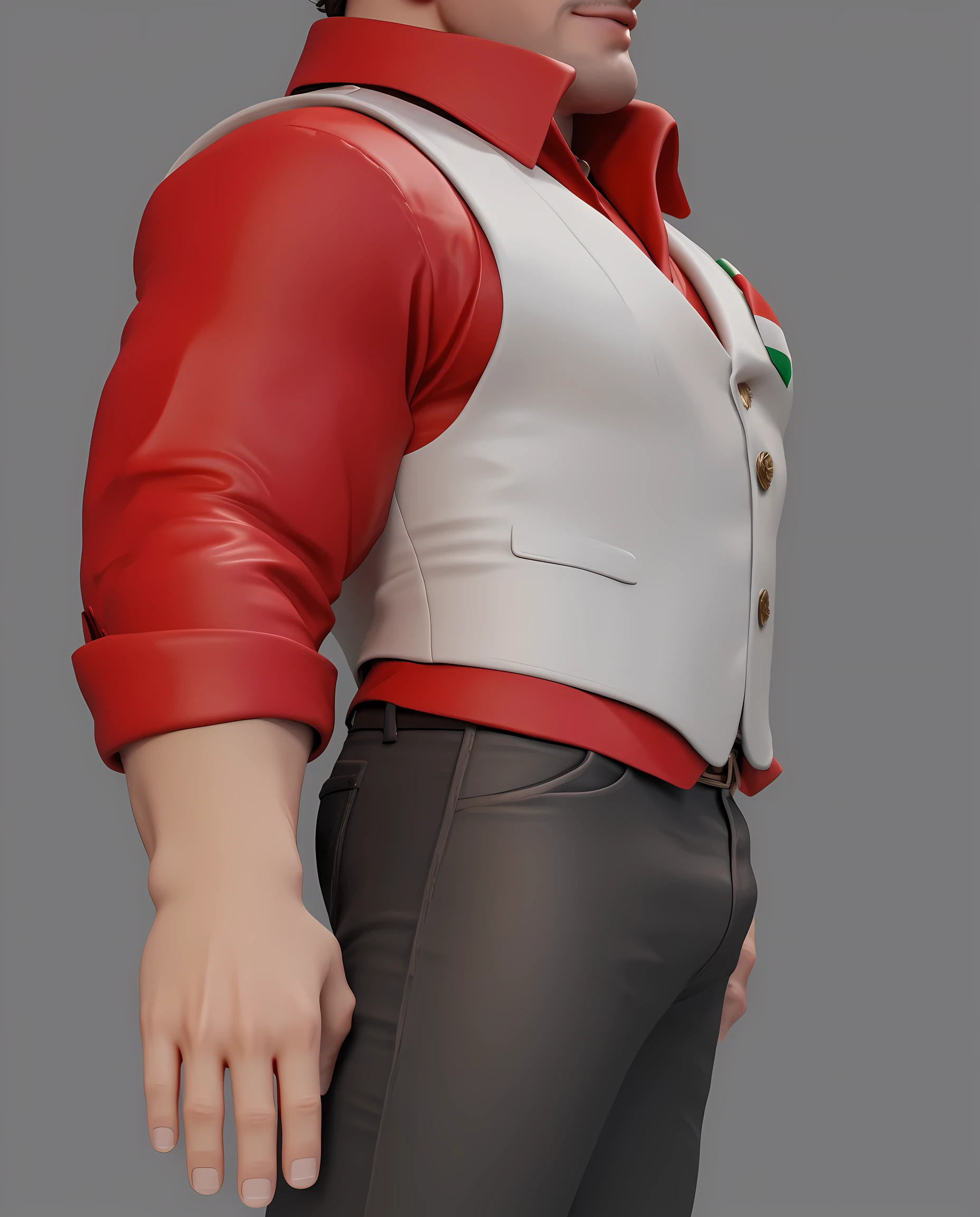 cartoon character,man,Standing sideways, Italian mafia image , Red Shirt ,White vest,White Suit Vest, black jeans ,Brown leather shoes, More clothing details ,UE5 Rendering,3D Rendering,Cartoon shading,3D Model