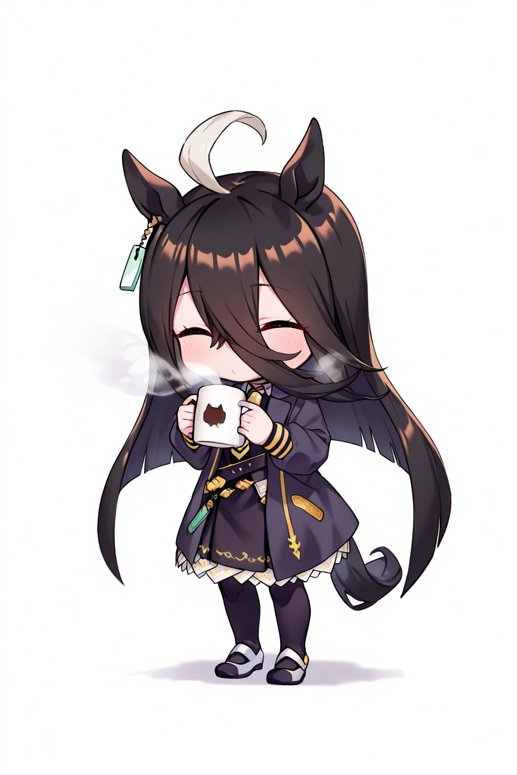 ( best quality ),( high resolution),( Uma Musume, Manhattan Cafe ),(Black clothes,Pitch black),(full body shot),Moonlit Night, Close your eyes,(Holding a mug, steam ),( drinking coffee)