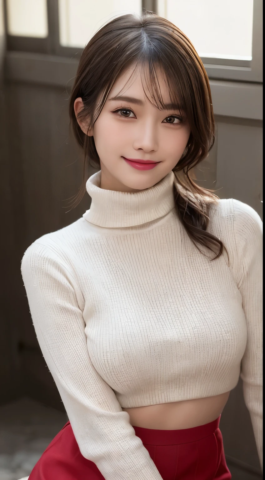 A close up of a woman in a white turtle neck sweater - SeaArt AI