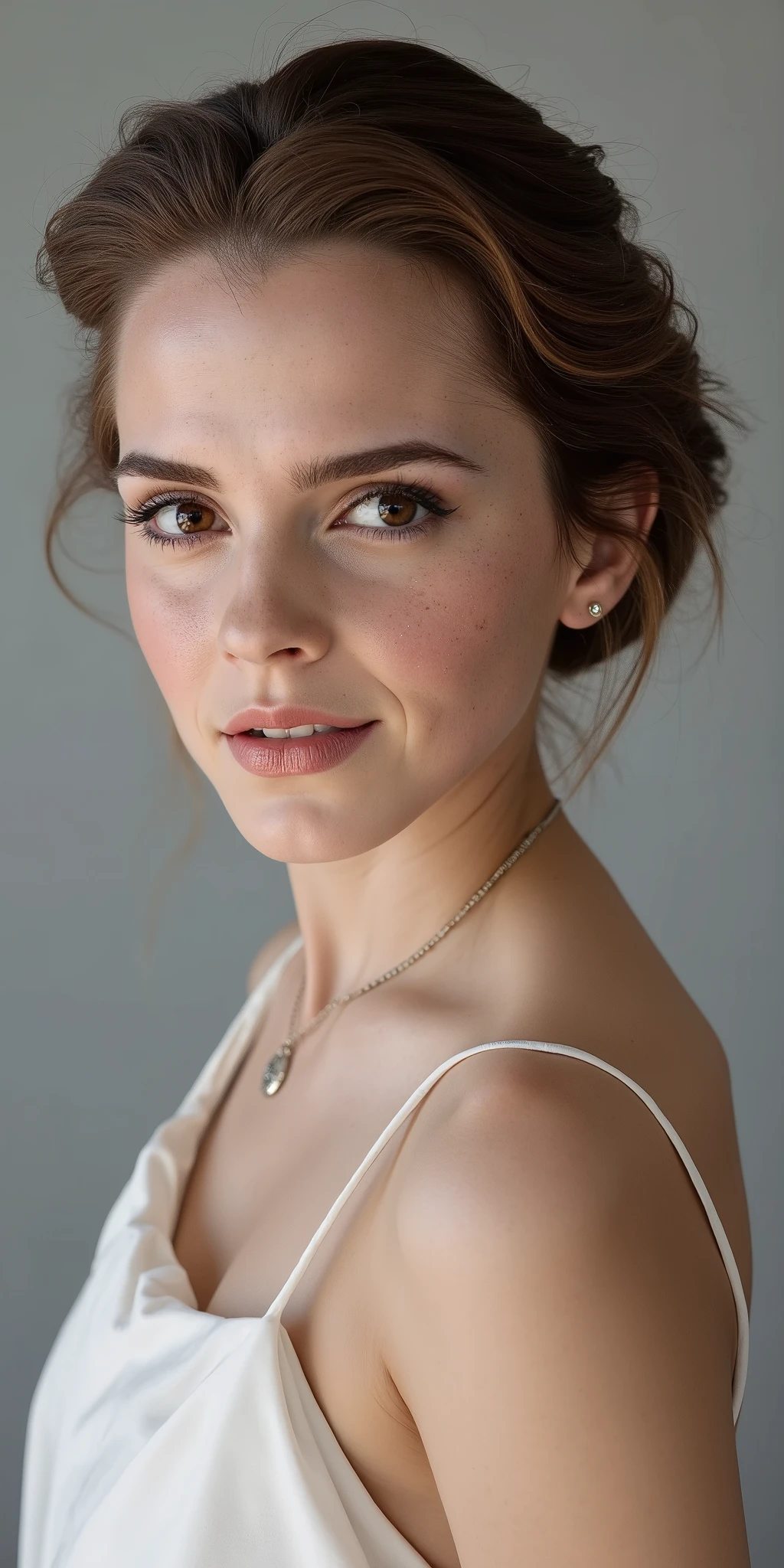 Photograph of The image is a high-resolution, photograph featuring a young woman with fair skin and a delicate, slender build. She has a striking, symmetrical face with high cheekbones, large, expressive eyes, and full lips. low bun. She is posed in a close-up, three-quarter view
She is wearing a minimalistic, strapless dress that is not visible in the frame but likely covers her shoulders. Around her neck, she wears a delicate, thin necklace with a small pendant. adding a subtle, personal touch. The background is a smooth, gradient gray that complements her skin tone and highlights her features. The lighting is soft and even, creating a soft glow on her face and highlighting the texture of her skin and the sheen of her hair. The overall mood of the photograph is elegant and introspective, with a focus on the subject's facial expression and delicate, refined details.