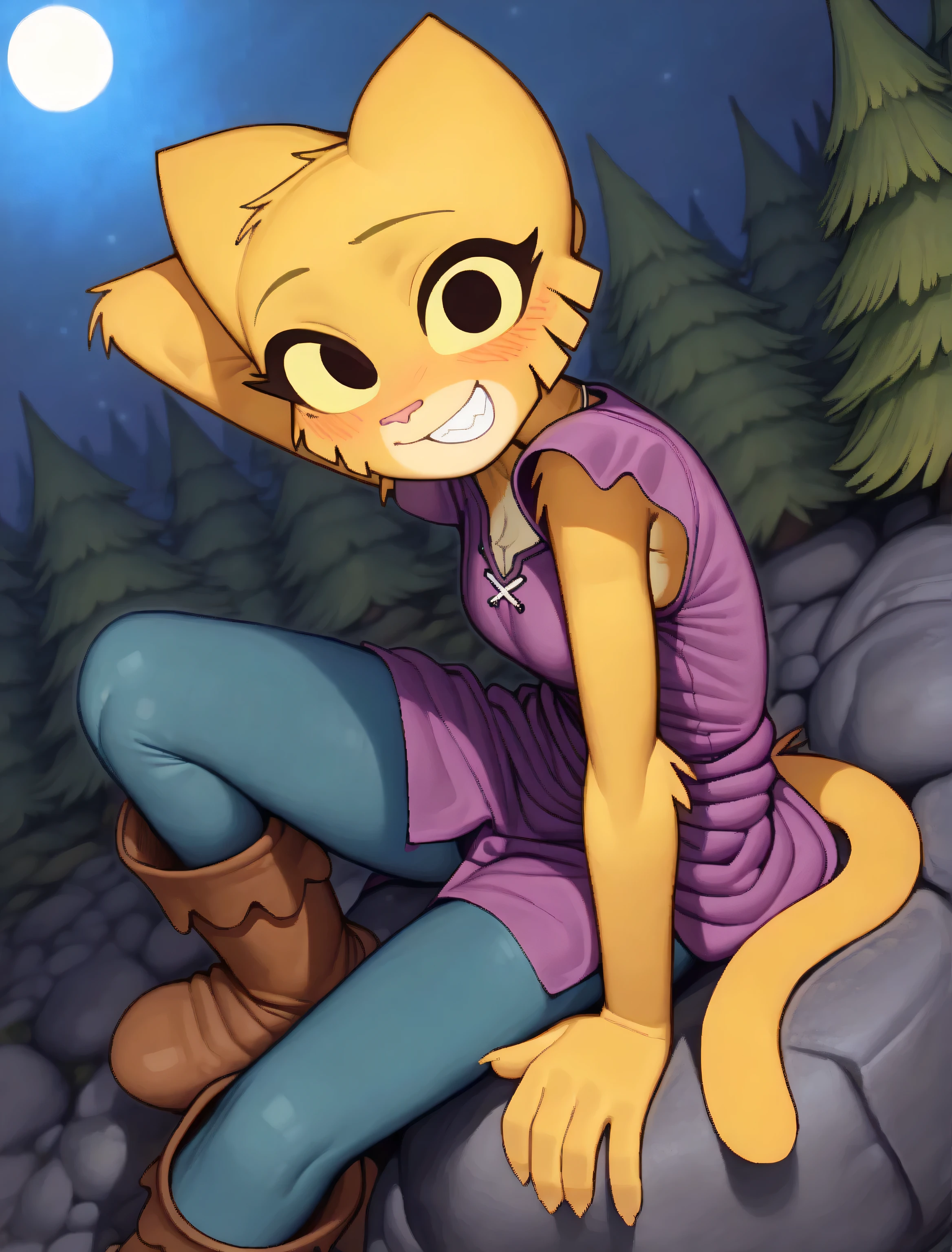 ((katia managan)), ((pixelsketcher)), ((wamudraws)), ((masterpiece)), ((high resolution)), ((cartoon style)), ((solo portrait)), {(attractive figure), (skinny body), (yellow fur), (pink cat nose), (long yellow cat tail), (cute black eyes), (yellow sclera), (sharp eyelashes), (cute grin)}, {(purple tunic shirt), (tight blue pants), (brown boots)}, {(sitting on rock), (looking at viewer)}, ((woods)), ((pine trees)), ((nighttime)), ((moonlight)),