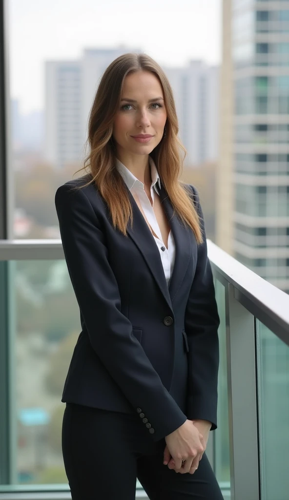 A 36-year-old woman wearing a modest blazer, standing on a modern urban balcony, face visible.