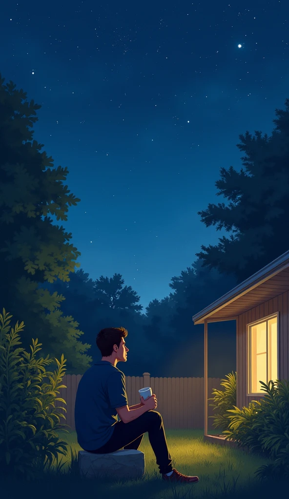 Prompt:
Create a vertical 9x16 illustration of a young man sitting alone in a quiet backyard at night. He is holding a cup of coffee, gazing up at a clear, starry sky. The setting features soft lighting from a nearby house, lush greenery, and a peaceful atmosphere. The focus is on the man’s calm and reflective posture, emphasizing the tranquility of the moment under the serene night sky.

