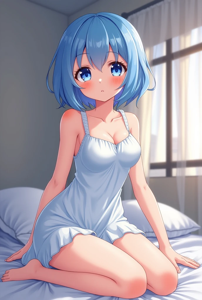 (masterpiece:1.3), (best quality:1.3), high resolution,
couboy shot,
leaning forward, body facing forward,
(one cute girl:1.3), solo,
white skin, small Breast, eight-headed person,
light blue hair, (bobbed hair:1.2), (short hair:1.2), (blunt bangs:1.2), beautiful hair, blue eyes, beautiful detailed eyes,
blush, heart, surprised,
white dress shirt,sleeves past wrists,bottom less,bare breasts,barefoot, earrings,
indoors, (night:1.2), bed, night sky,
shadowlighting,