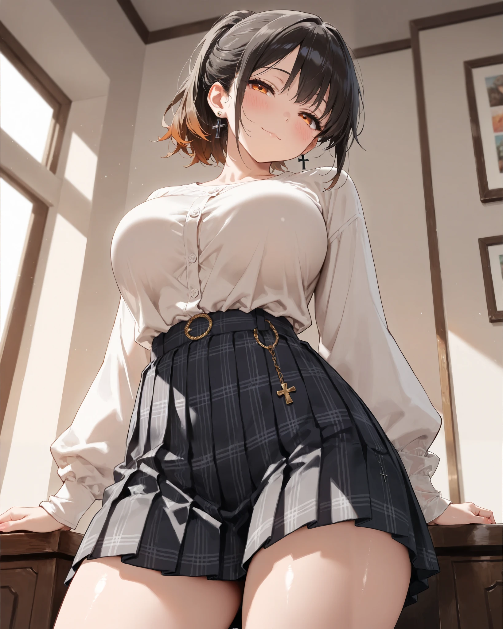 High resolution, Very detailed, perfect lighting, beautiful detailed eyes, ((masterpiece,Best Quality)), absurdities, alone, princess zelda, by the width, crown braid, Hair clip, pointy ears, Gloves without fingers, black gloves, smile, curves, nod, , deep neckline, deep neckline, black school uniform with white details,short skirt, visible underwear, pink thong, black uniform, black shirt with pink bow, touching her breasts in a sexy way, close up, Black hair, visible breasts, Close up, visible nipples, sitting, fringe hairstyle, fringe hairstyle, view from behind, big butt