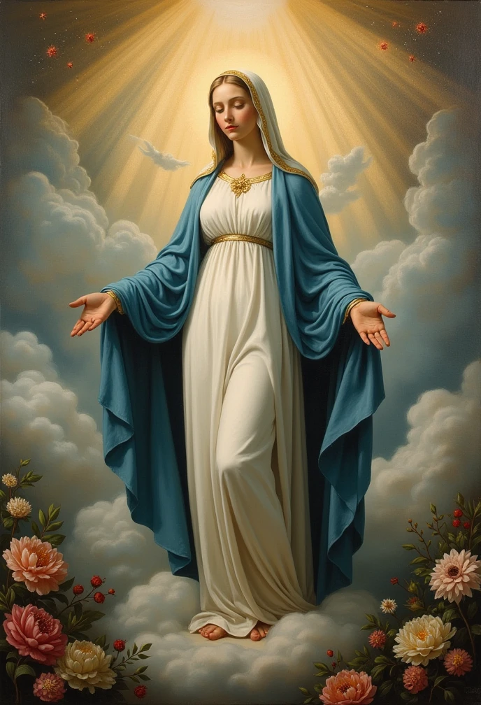 A very beautiful triptych of the Virgin Mary and her biography, Reddish beige lingerie and blue cloak and veil, Staring at the camera with moist eyes,Images in the Triptych with Mary's Love