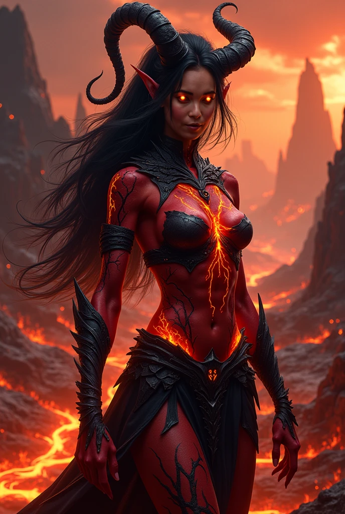 Beautiful mature female demon, horns, tail, cruel smile, red skin, sexy fetish armor, wreathed in fire, (fiery eyes:1.2), temptation, taking your soul, hellscape background, tortured souls, hordes of hell in the distance, (masterpiece), (photorealistic:1.4), RAW photo, best quality, high res, rich colors, backlight, bright sunlight, cinematic lighting, film grain, raw photo, 50mm lens, Nikon D850, warm colors