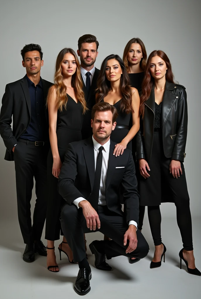 um retrato de familia feliz portrait ultra realista " 1 jensen ackles" " 2 joseph Morgan" " 1 Katherine McNamara" " 1 Ian Somerhalder" "2 Colin O' Donoghue" , o quadro mostra um 7 pessoas felizes como uma familia feliz cinematic display, ultra realistic, full body cinematic photo, dressed in sophisticated and elegant attire, exuding confidence and charisma. The background is dimly lit, creating an air of mystery and intrigue. The general atmosphere is a mix of glamor and drama, as if they were characters in a captivating cinematic story. 32k, ultra hd, ultra realisthic.