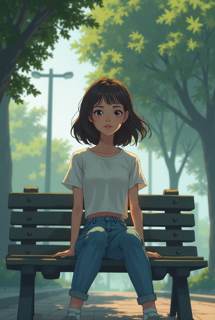 Panel 1 : Draw the main character , Rina, of a teenage girl sitting on a park bench, eyes fixed far ahead . Text in panel : "Sometimes , dreams can feel more real than reality ."