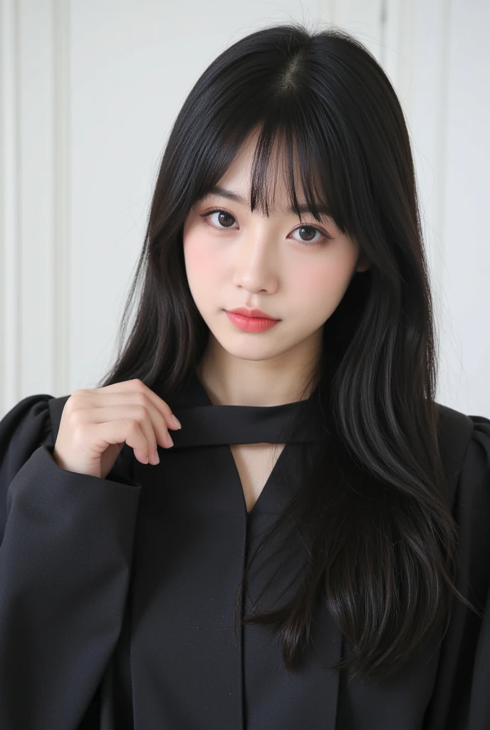 A a young japanese woman with long, straight black hair styled with ...