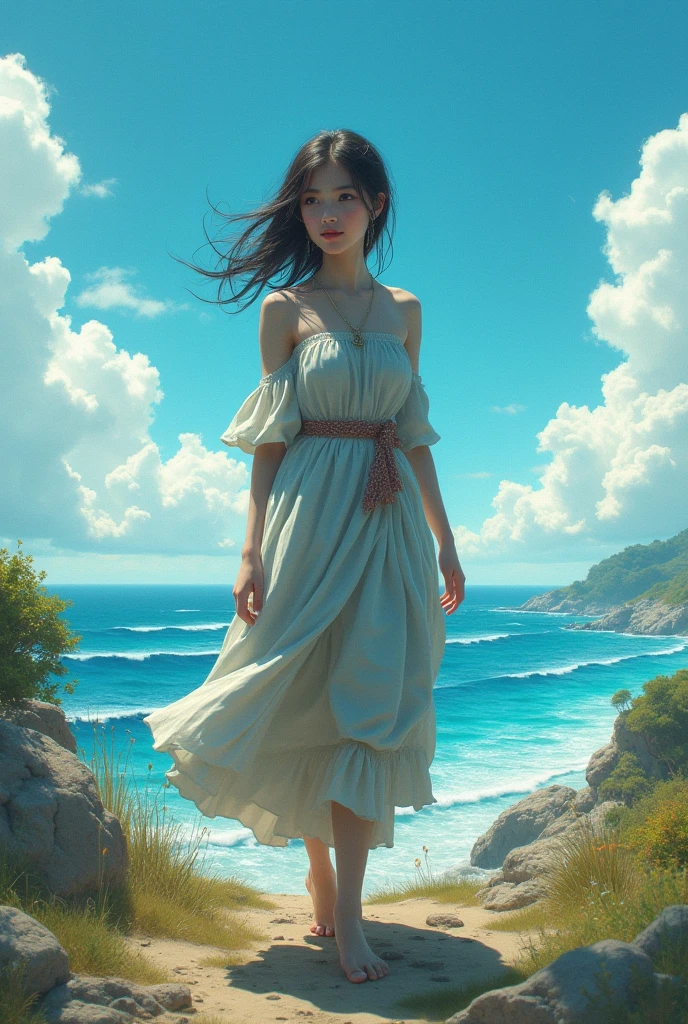 cabelos preto e longos,Beth,White translucent clothes,Translucent maxi dress,ssmile,Light wind,beachside,Leaning against the railing,setting sun,Cover with brim,Hold the hat with your right hand,On the left railing