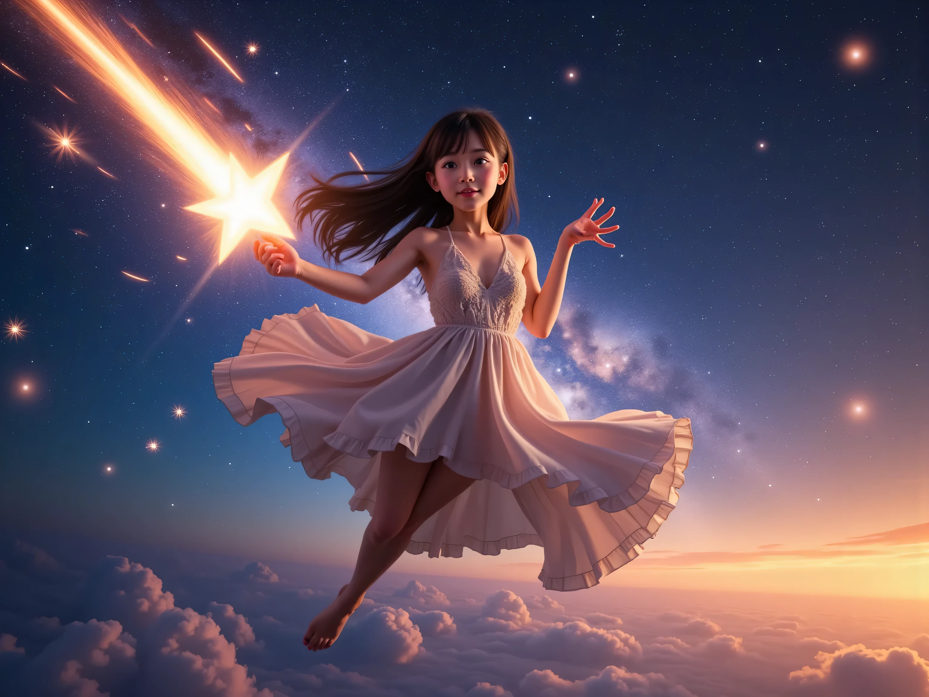 (masterpiece:1.2, top quality ,real photo),girl ,(huge star shooting:1.5) ,break,(he girl riding the star:1.5) ,(shoot majic against the star,girl wearing majician cloth:1.4),break, (star is shining:1.5) ,, Very Slim Body,pale skin,soft skin :1.1),break, black hair,long hair,(Beautiful and cute eyes),Blushed, healthy skin, ,break,,8k resolution,,break,(perfectly focused :1.3),,(, colorful ,:1),,( depth of field ), ,Luminous and colorful lighting setup for model photography,lens flare,, cinematic lighting, ray tracing 、