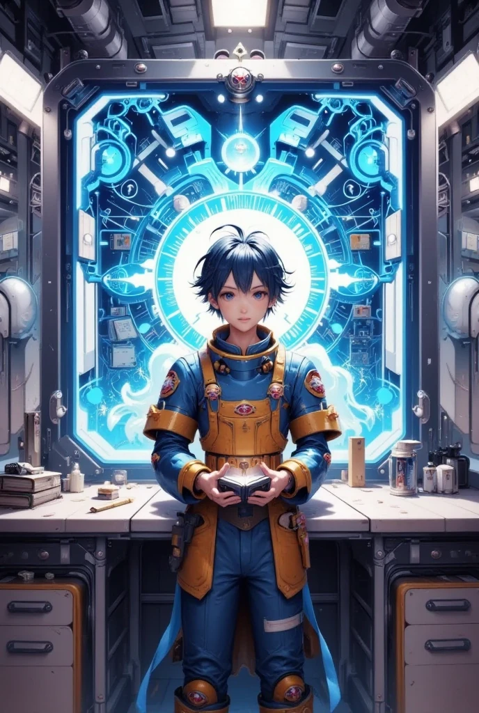 Ridiculous Resolutions, High Resolution , (Masterpiece: 1.4), more details, Young man's disheveled short dark hair , Welders dressing up, Factory High Tech Workbench, tech sense screen