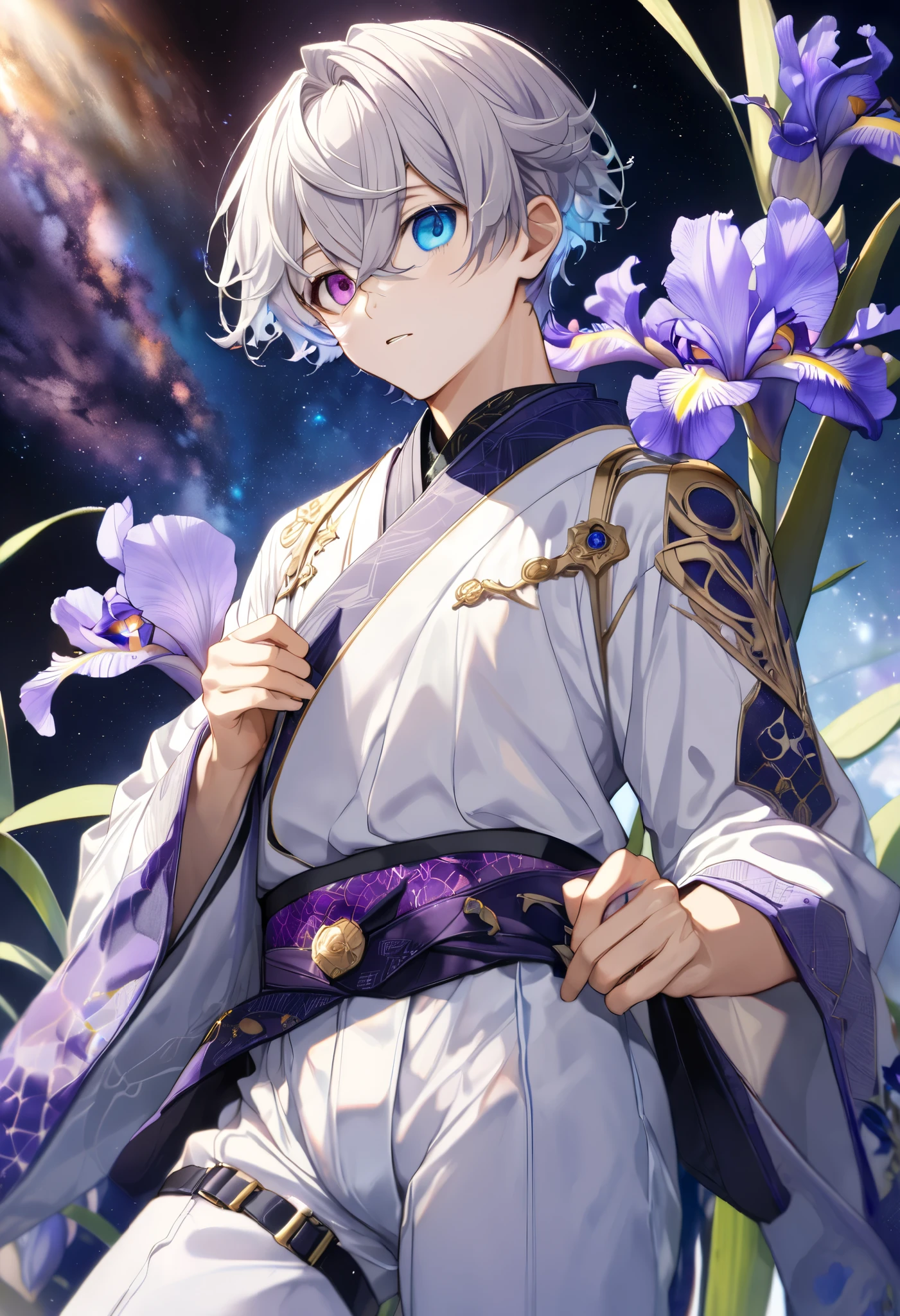 fresh illustration ,
Superfine painting,
very delicate illustration ,
Very fine details ,
Picture of only one boy ,
Height: 158cm,
(( standing)),
white skin,
(((((The right iris is purple and the left iris is blue)))))
(((((Complete iris heterochromia ))))),
beautiful eyes,
large black pupils ,
short hair,
Gray Hair,
hair roots are bluish ,
The hair has gradation ,
shiny hair with makeup,
Beautiful and pretty face,
A small rear wheel that shines brightly floats above the head ,
raised eyebrows ,
and is wearing a kimono on the upper body in kimono,
Masculine physique,
Six Pack,
Super Skinny,
No boobs,
lower body Nadres ,
The color of the belt is black ,
Overall white clothes ,
The design is tastefully embroidered with gold thread,
fine fabric clothing ,
jockstrap underwear ,
Thigh Straps,
Thigh Strapsは肌に食い込んでいる,
white long boots,
There are countless Japanese style ,
number of fingers on the hands and feet ,
thin waist,
thin legs ,
Isometric,
Golden Ratio,
god々 like atmosphere,
The undershirt is indigo-colored with a stand-up collar,
outer space ,
Milky Way,
Little Star々 upper body ,
tactical use of shadows ,
rings of the head and hair do not stick out of the angle of view,
Clothes don't stick out of the angle of view ,
(( full shot))