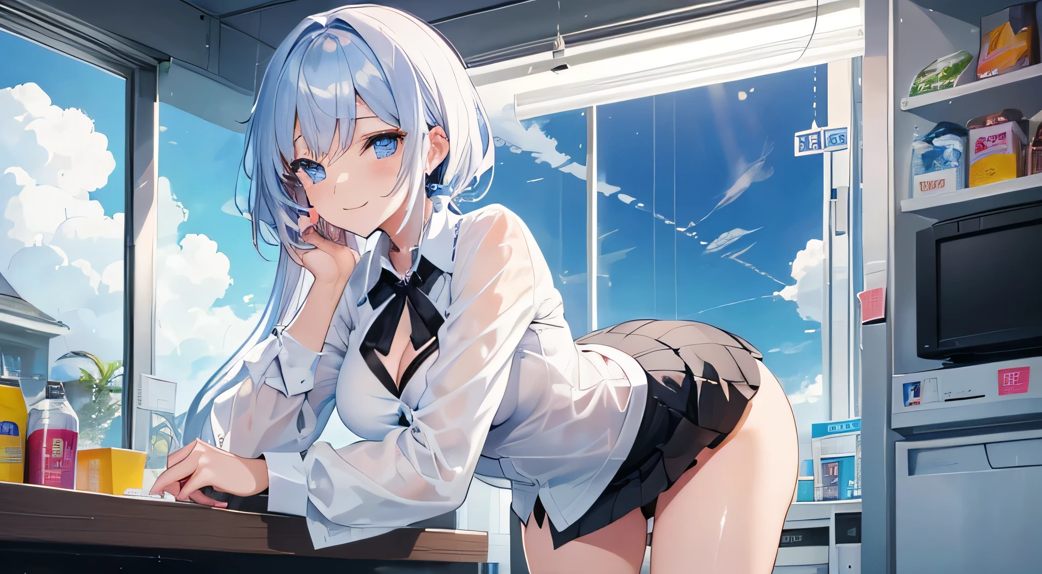 (1girl,cute,japanese,young),solo,((short beautiful silver blue hair,bob cut,beautiful green eyes)),(office suit,blouse,dark blue skirt,sitting in the office chair,legs up,wide open,desk,window),((topless, beautiful medium , pink nipples)),gleaming skin,Vulgar,low angle,from below,(nsfw),
low angle,from below,((masterpiece, highest resolution,best quality)), (beautiful illustration), (looking at the viewer), ((dark blue skirt and white panties)),innocent smile,Embarrassed,mouth open,