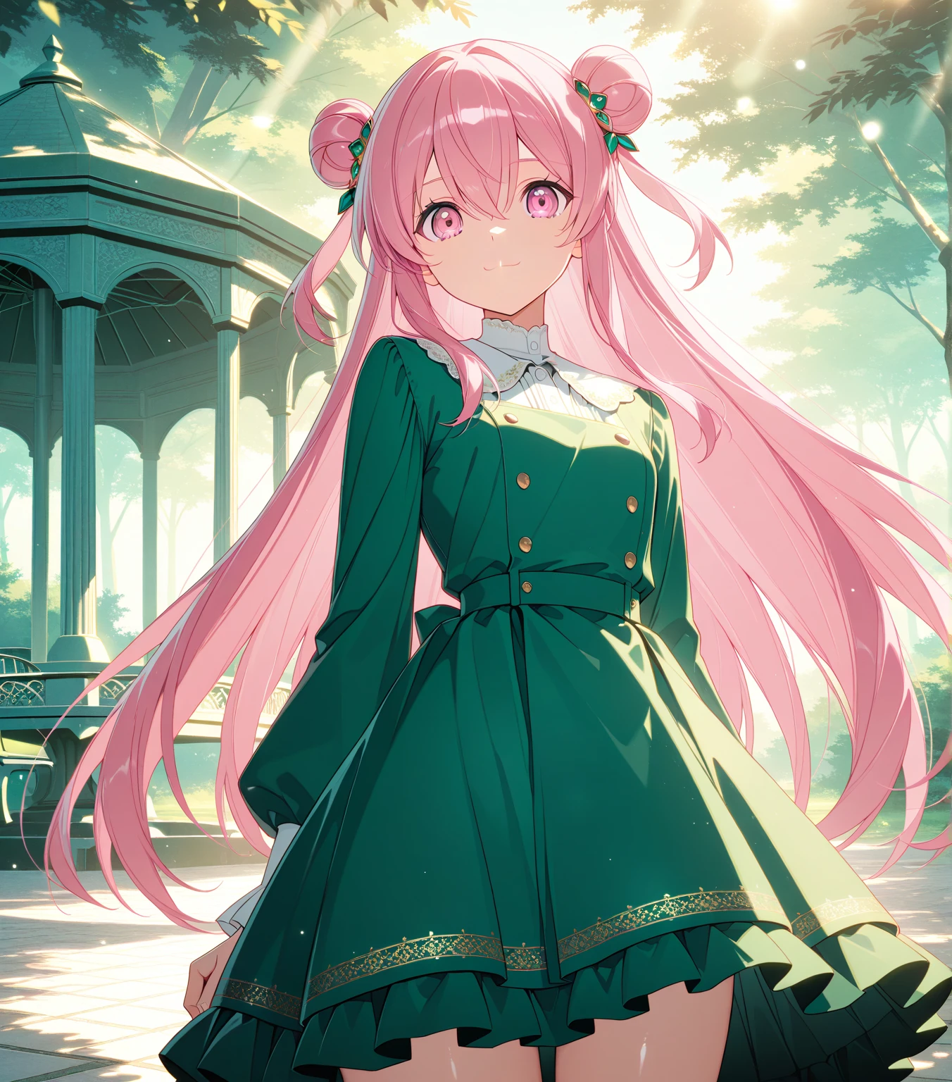 score_9, score_8_up, score_7_up, masterpiece, absurdres, source_anime,safe, 1girl, solo, adult, girl focus, adult, very detailed expressive eyes, very detailed eyes, aesthetic eyes, bright eyes, (bright pink eyes),  pink eyes, beautifully styled hair, very detailed hair, straight hair, bright pink hair, long hair, hair between eyes, (hair styled straight),  (two small hair buns), (straight hair),  loose hair,styled hair,  little smile, looking at viewer, (small breasts), shiny skin, healthy skin colour, BREAK
(green dress, hair ornament),  standing,  half body, cowboy shot, BREAK
outdoors, nature, gazebo, BREAK
HDR, 8K, masterpiece, best quality, amazing quality, very aesthetic, high resolution, ultra-detailed, absurdres, newest, scenery, 
aesthetic detailed background, best quality, game cg aesthetics,
 beautiful detailed eyes, detailed skin, detailed hair, light particles,  depth of field, natural shadows, 
(masterpiece), ultra-detailed, 1024k UHD wallpaper, ultra-high resolution, depth of field, HDR, Ray tracing, RTX, high saturation, photon mapping, best texture quality, best compotitions, (extremely detailed CG 1024k wallpaper), High Details, Detailed face, Detailed Clothes, Ultra HD Photo, Perfect Face, expressive eyes, bright colours