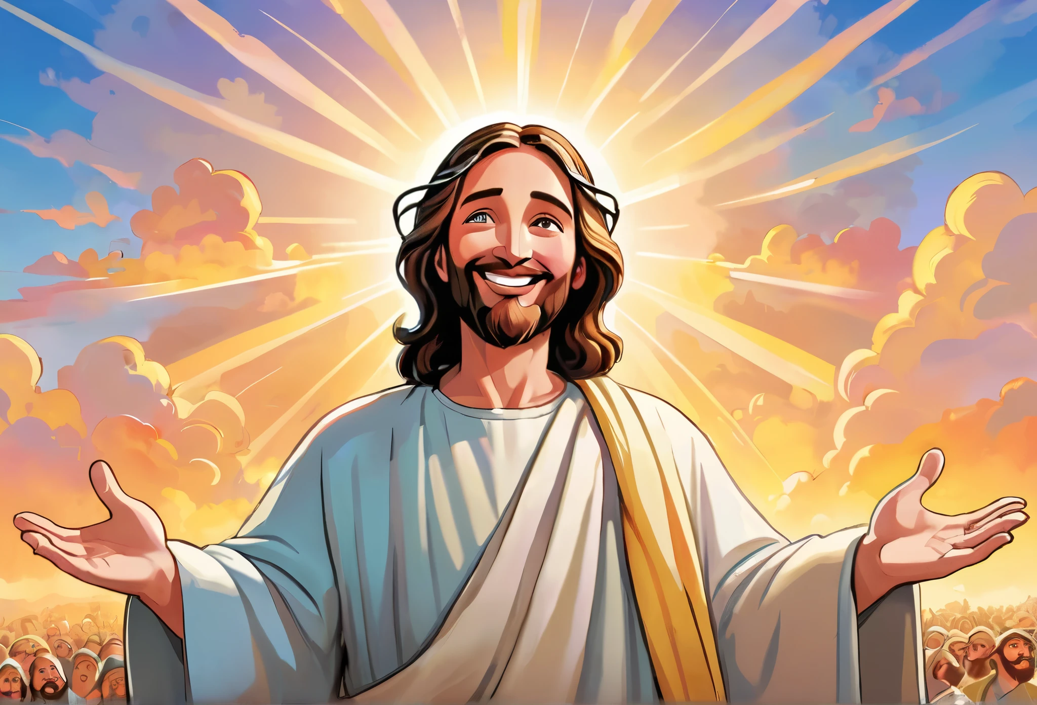 Catoon image of Jesus, smiling, open his harms to welcome people, bright and warm sky background
 (masterpiece best quality:1.2) delicate illustration ultra-detailed, illustrations, 