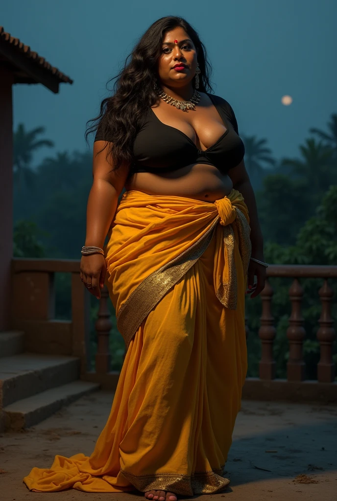 Indian model,40 year old girl, plus size body type,dark brown oily skin, glossy red lips,long black hair, wearing saree, wet body, wet saree,see through clothes,raining, outdoor background, greenish background, full body view, high resolution