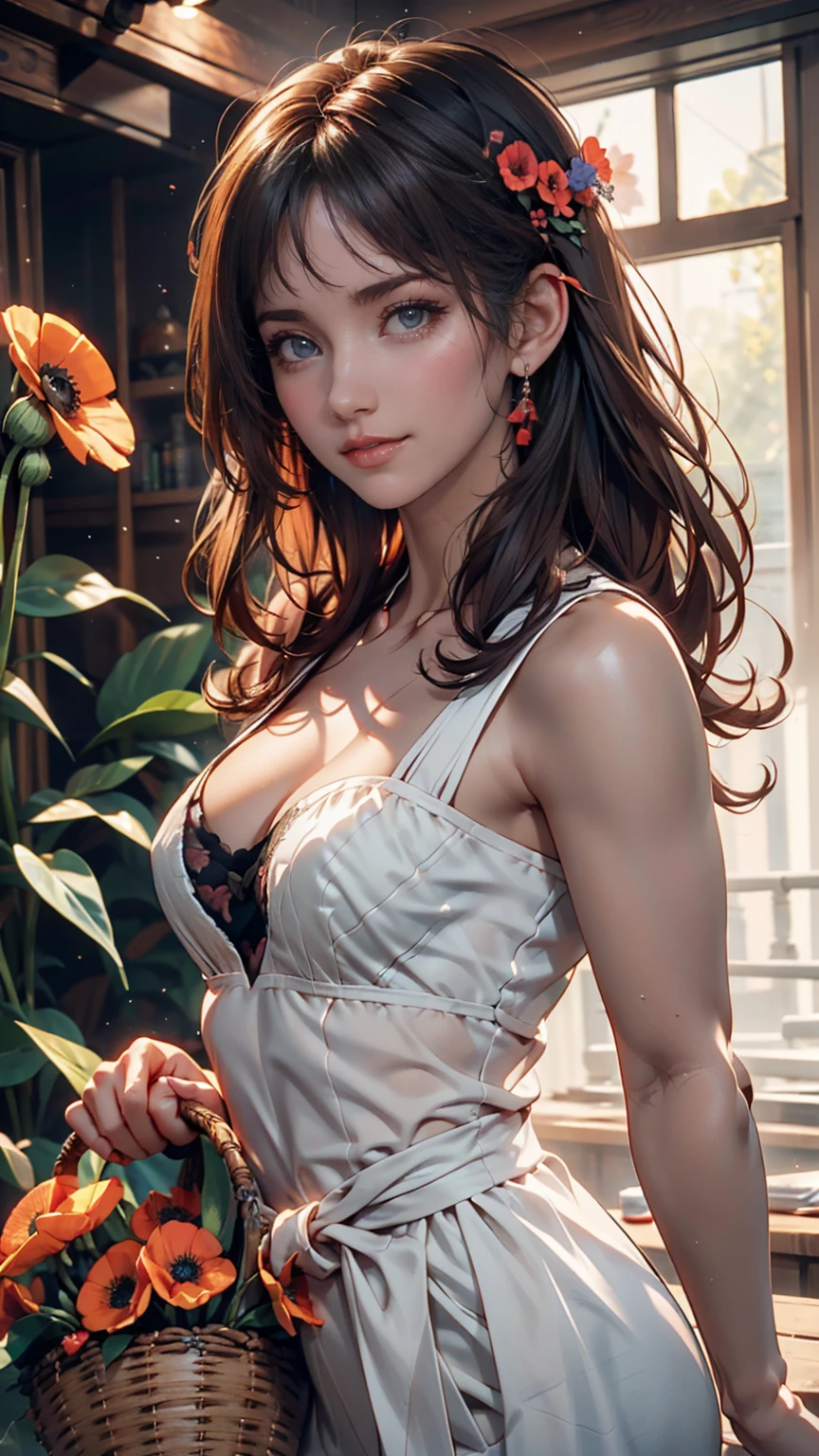 short hair, mmmm, (Sharp focus:1.2), photograph, Attractive Young Woman, (Beautiful Face:1.1), Detailed eyes, Seductive lips, (Bold red lip color:0.85), (Medium chest:1.0), (The body is slim:1.2), (Long Hair:1.2), wear (1980s Peplum Dress:1.2) in (botanical garden:1.2). (Moody lighting:1.2), Depth of written boundary, Bokeh, 4K, High resolution. by (James C. Christensen:1.2|Jeremy Lipking:1.1).