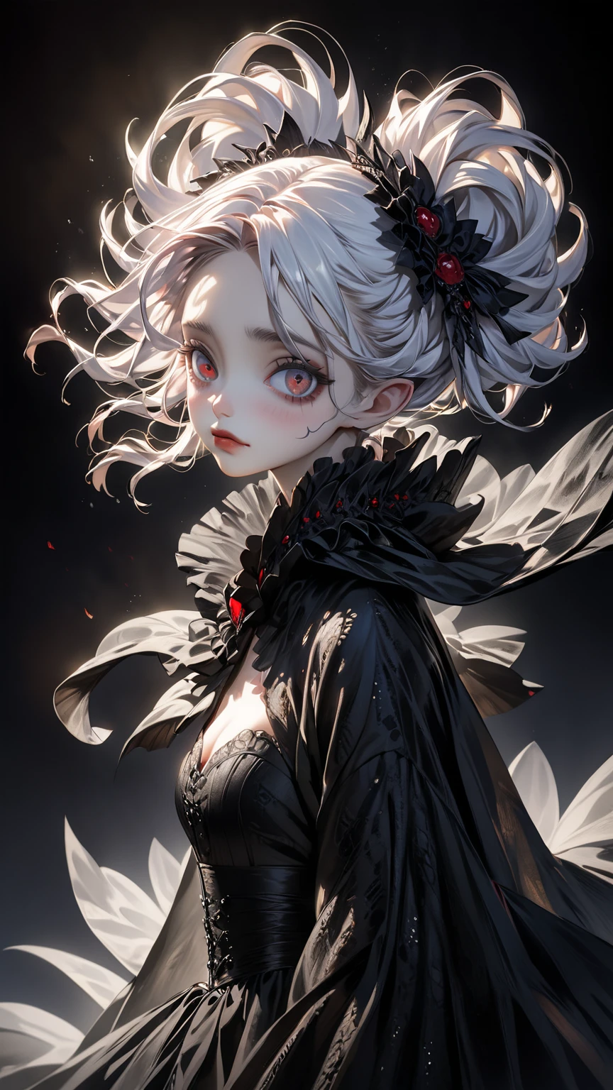 best quality, face focus, soft light, ultra high res, (photorealistic:1.4), RAW photo, realistic gothic digital art portrait, ((masterpiece)), ((best quality)), (portrait of beautiful girl), perfect detailed eyes, perfect detailed face, ultra-detailed nose, white hair, hair flaps, (crazy eyes), turn pale, yandere, fang, (fang out), depth of field, cinematic lighting, vampire, noble, luxury red dress