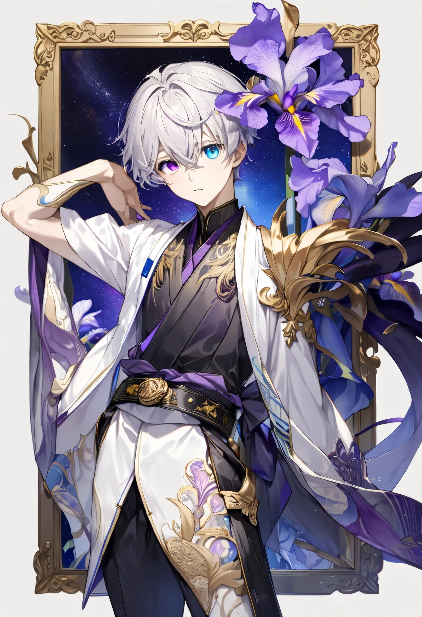 fresh illustration ,
Superfine painting,
very delicate illustration ,
Very fine details ,
Picture of only one boy ,
Height: 158cm,
(( standing)),
white skin,
(((((The right iris is purple and the left iris is blue)))))
(((((Complete iris heterochromia ))))),
beautiful eyes,
large black pupils ,
short hair,
Gray Hair,
hair roots are bluish ,
The hair has gradation ,
shiny hair with makeup,
Beautiful and pretty face,
A small rear wheel that shines brightly floats above the head ,
raised eyebrows ,
and is wearing a kimono on the upper body in kimono,
Masculine physique,
Six Pack,
Super Skinny,
No boobs,
lower body Nadres ,
The color of the belt is black ,
Overall white clothes ,
The design is tastefully embroidered with gold thread,
fine fabric clothing ,
jockstrap underwear ,
Thigh Straps,
Thigh Strapsは肌に食い込んでいる,
white long boots,
There are countless Japanese style ,
number of fingers on the hands and feet ,
thin waist,
thin legs ,
Isometric,
Golden Ratio,
god々 like atmosphere,
The undershirt is indigo-colored with a stand-up collar,
outer space ,
Milky Way,
Little Star々 upper body ,
tactical use of shadows ,
rings of the head and hair do not stick out of the angle of view,
Clothes don't stick out of the angle of view ,
(( full shot))