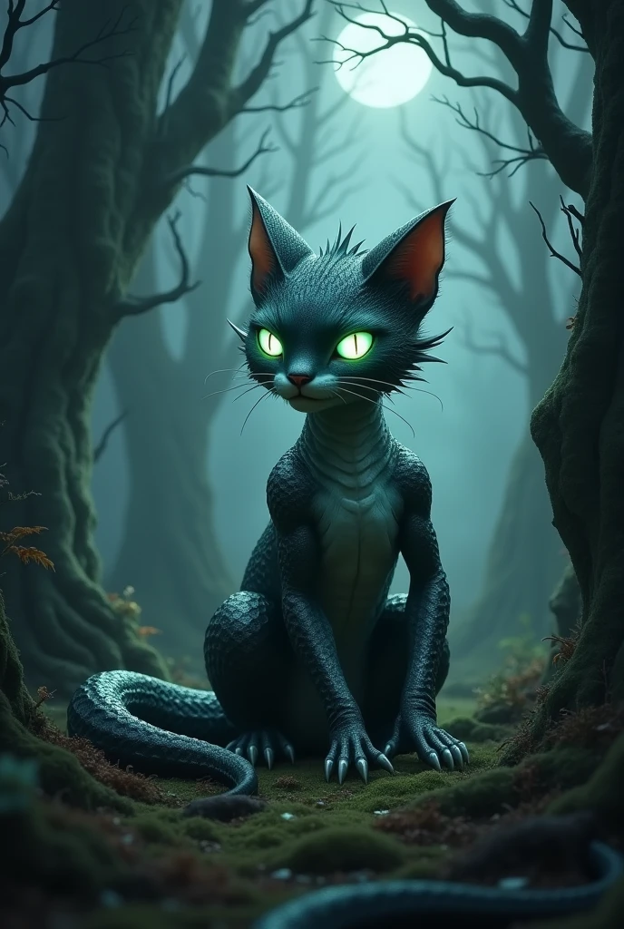 A mythical Tatzelwurm, depicted as a cat-faced creature with a serpentine body and short legs. The creature has piercing, glowing eyes and a sleek, scaly body that shimmers in the moonlight. Its short legs are muscular and clawed, allowing it to move swiftly through the dense forest. The background is a dark, enchanted forest with twisted trees and a misty atmosphere, creating an eerie and mysterious ambiance.