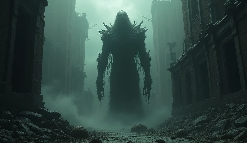 Lone giant mythological monster, emerging from the pale fog, its silhouette can barely be seen, its figure is seen behind the fog, it manifests itself ghostly, among buildings destroyed by war, apocalyptic image, science fiction, ethereal image, detailed image, sharp focus, studio photography, symmetrical balance, depth layers, polarizing filter, ..., hd, color optics, ..., hd, opaque color, masterpiece, (photorealistic)