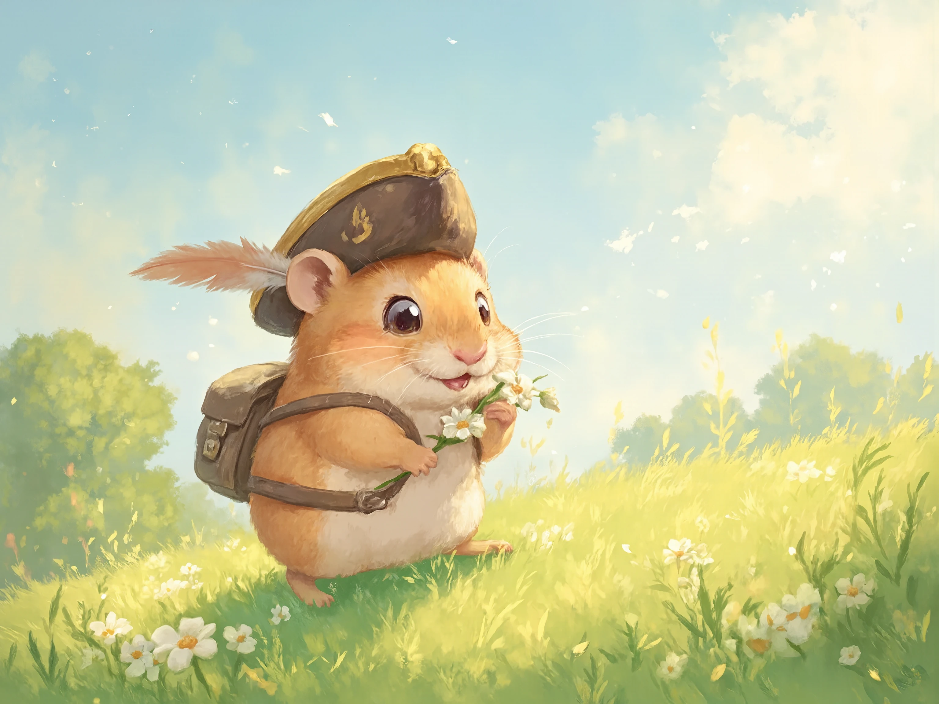 wide angle, a game art painting of a cute hamster wearing a musketeer hat, carrying a small knapsack over its shoulder, holding a small white flower, walking on a grass field, bright sun in background