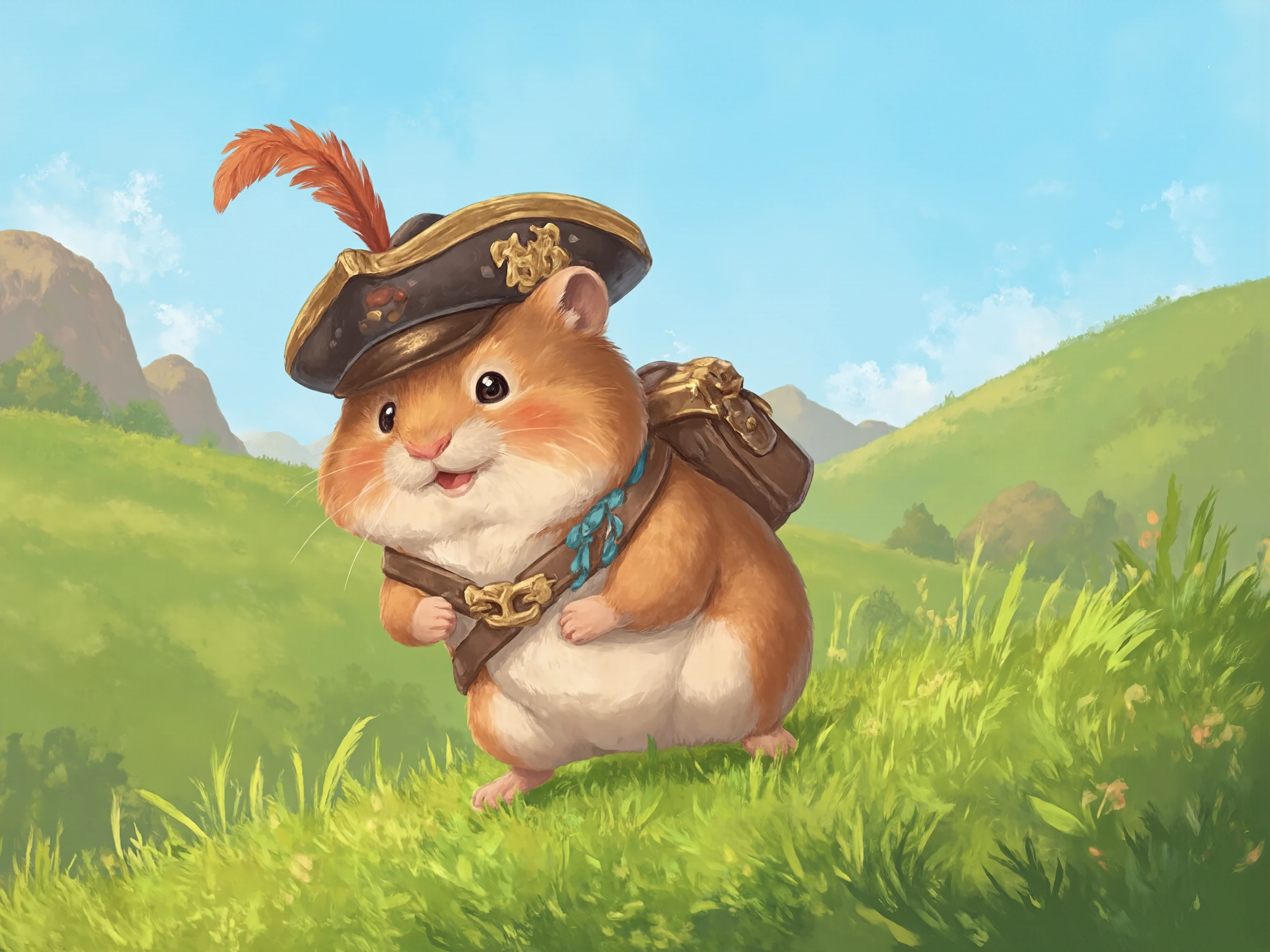A game art painting of a cute hamster wearing a musketeer hat, carrying a small knapsack over its shoulder, walking on a grass field
