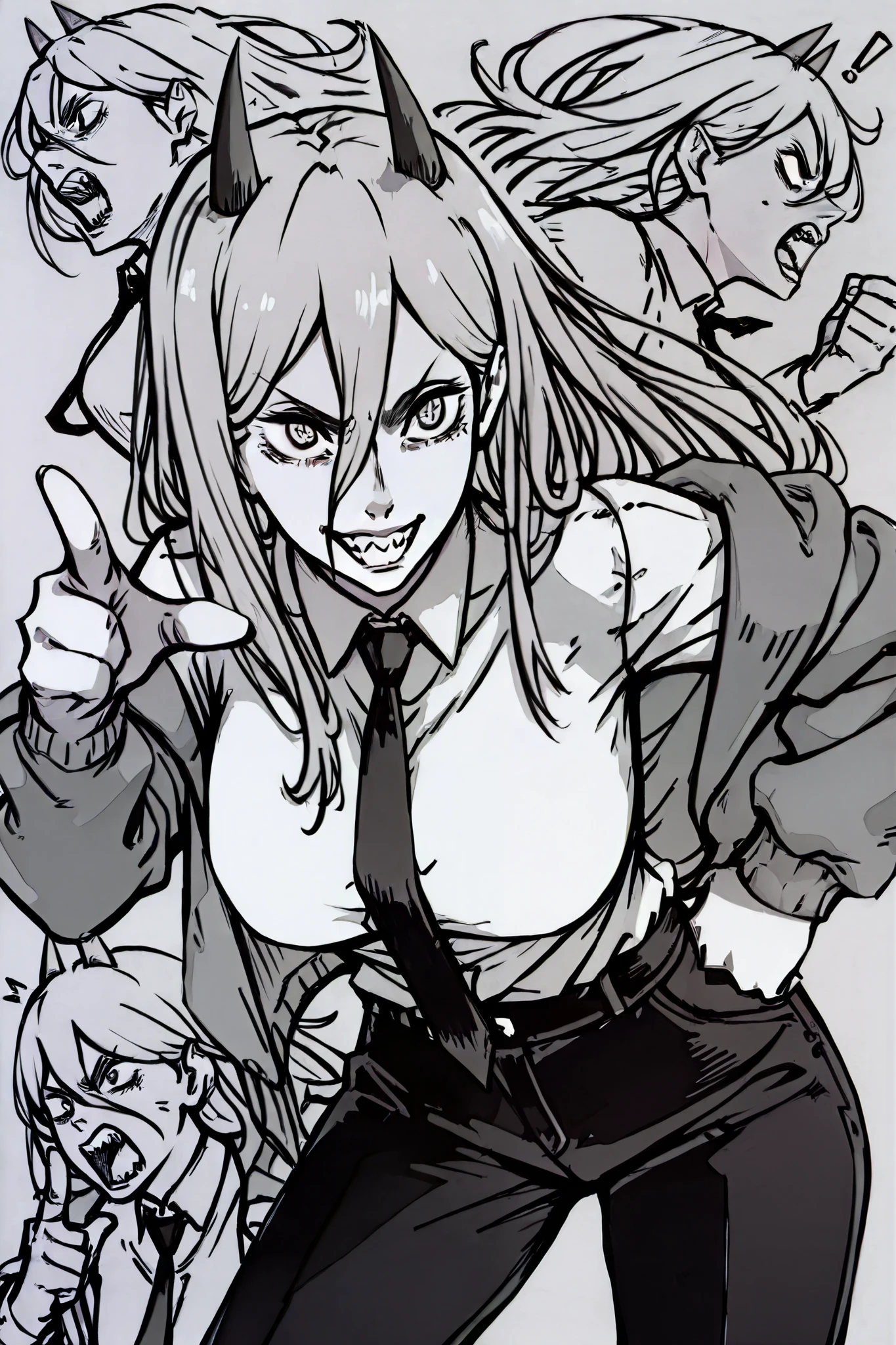 score_9, score_8_up, score_7_up, score_6_up, score_5_up, score_4_up,  
BREAK
(masterpiece: 1.0), best quality, perfect anatomy, perfect composition, perfection, UHD, 8k, 
BREAK
Cinematic, monochrome, greyscale, line art, lineart, character design, lovely, absolutely beautiful, kdm style
BREAK
Power_(Chainsaw_Man), leaning forward, right hand on hip, left hand pointing, pointer finger, shouting, pointing at viewer, screaming, exclamation marks, playful challenging pose, cross-shaped_pupils, long_hair, horns, collared_shirt, white_shirt, black_necktie, jacket, black_pants, off_shoulder, open_jacket, huge boobs, mischievous grin, sharp teeth, grinning,