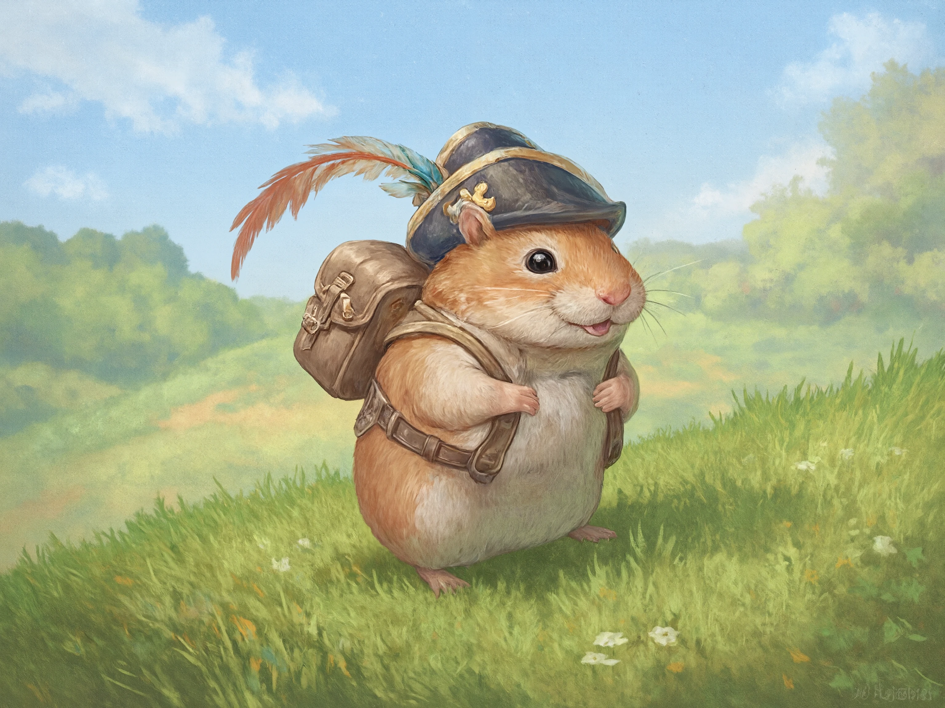 A game art painting of a cute hamster wearing a musketeer hat, carrying a small knapsack over its shoulder, walking on a grass field