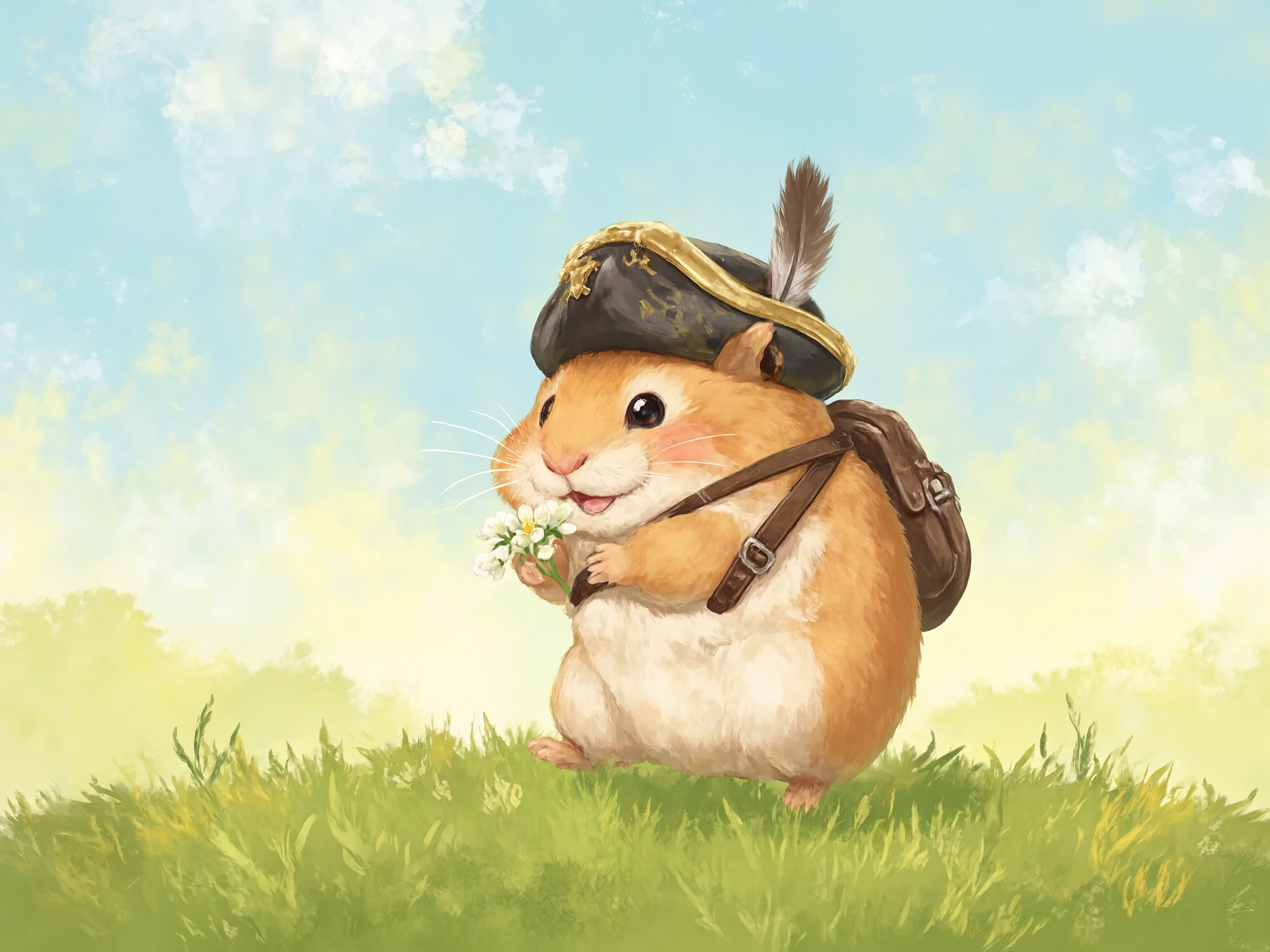 wide angle, a game art painting of a cute hamster wearing a musketeer hat, carrying a small knapsack over its shoulder, holding a small white flower, walking on a grass field, bright sun in background