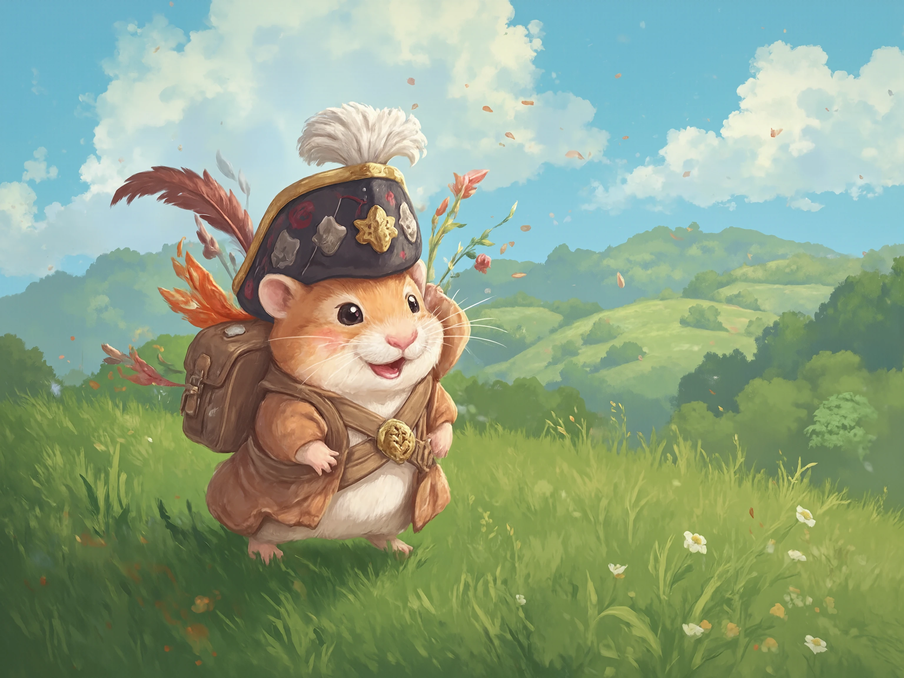 A game art painting of a cute hamster wearing a musketeer hat, carrying a small knapsack over its shoulder, walking on a grass field