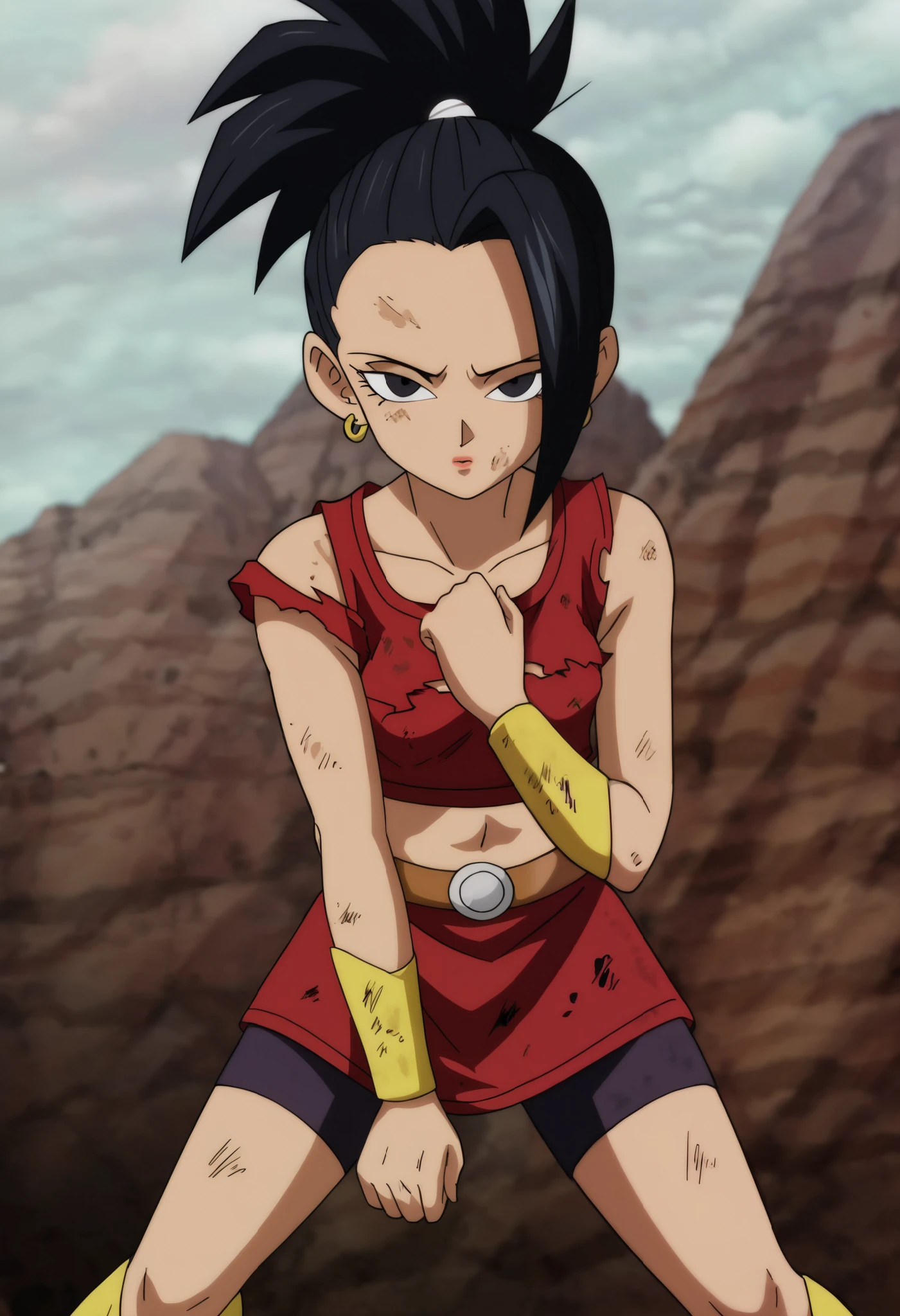 masterpiece,
kefladb, 1girl, solo, breasts, looking at viewer, torn red crop top, slim, one foot raised, from side, black hair, navel, potara earrings, closed mouth, standing, collarbone, full body, torn red tight pants, boots, midriff, black eyes, spiked hair, step_pose, arm at side, hand on thigh, dark cloud, clenched hand, bracer, looking to the side, mountain, green sky, no pupils, v-shaped eyebrows, yellow footwear, yellow armwear, bare shoulders, white scrunchie, small_breasts, torn clothes, destroyed clothing,
<lora:kefla:0.8>