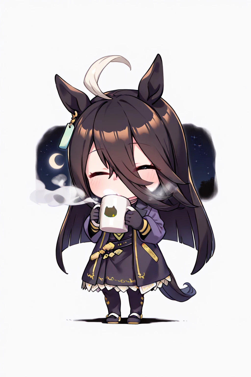 ( best quality ),( high resolution),( Uma Musume, Manhattan Cafe ),(Black clothes,Pitch black),(full body shot), Close your eyes,(Holding a mug, steam ),( drinking coffee),(Continued ,night,moon, starry sky ),(( black background))