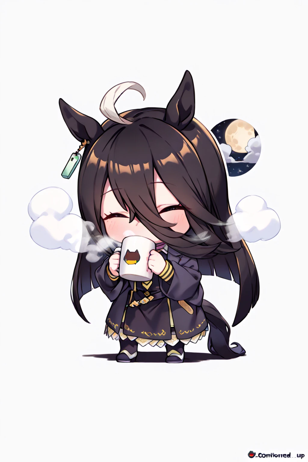 ( best quality ),( high resolution),( Uma Musume, Manhattan Cafe ),(Black clothes,Pitch black),(full body shot), Close your eyes,(Holding a mug, steam ),( drinking coffee),(Continued ,night,moon, starry sky ),(( black background))