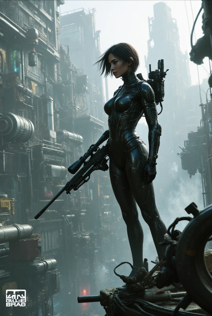 Sur les toits des ruines de la ville futurisme, remplis de machines.  A mercenary with a biomechanical sniper rifle, portant combinaison amorphe, crée a partir de liquide Black  épaisse.  Short hair in battle , Black ,  almond eyes, 