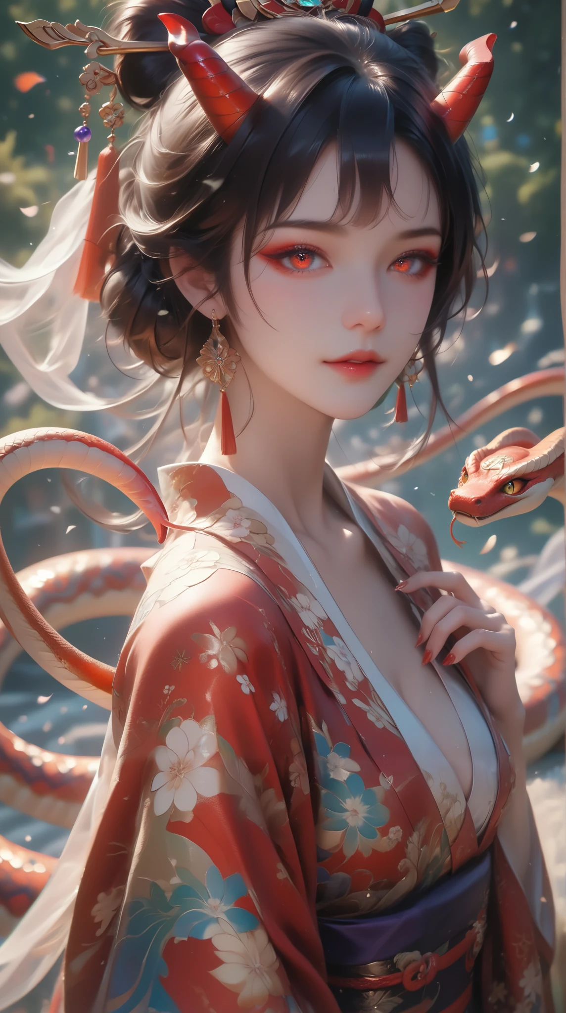 (( best quality )),( ultra high definition),( very detailed ),( detailed description),(( best CG )),(Masterpiece), High Definition Art ,( Art in precise detail:1.5), woman, Two Rainbow Horns, Red Snake Eyes , Scaled Kimono