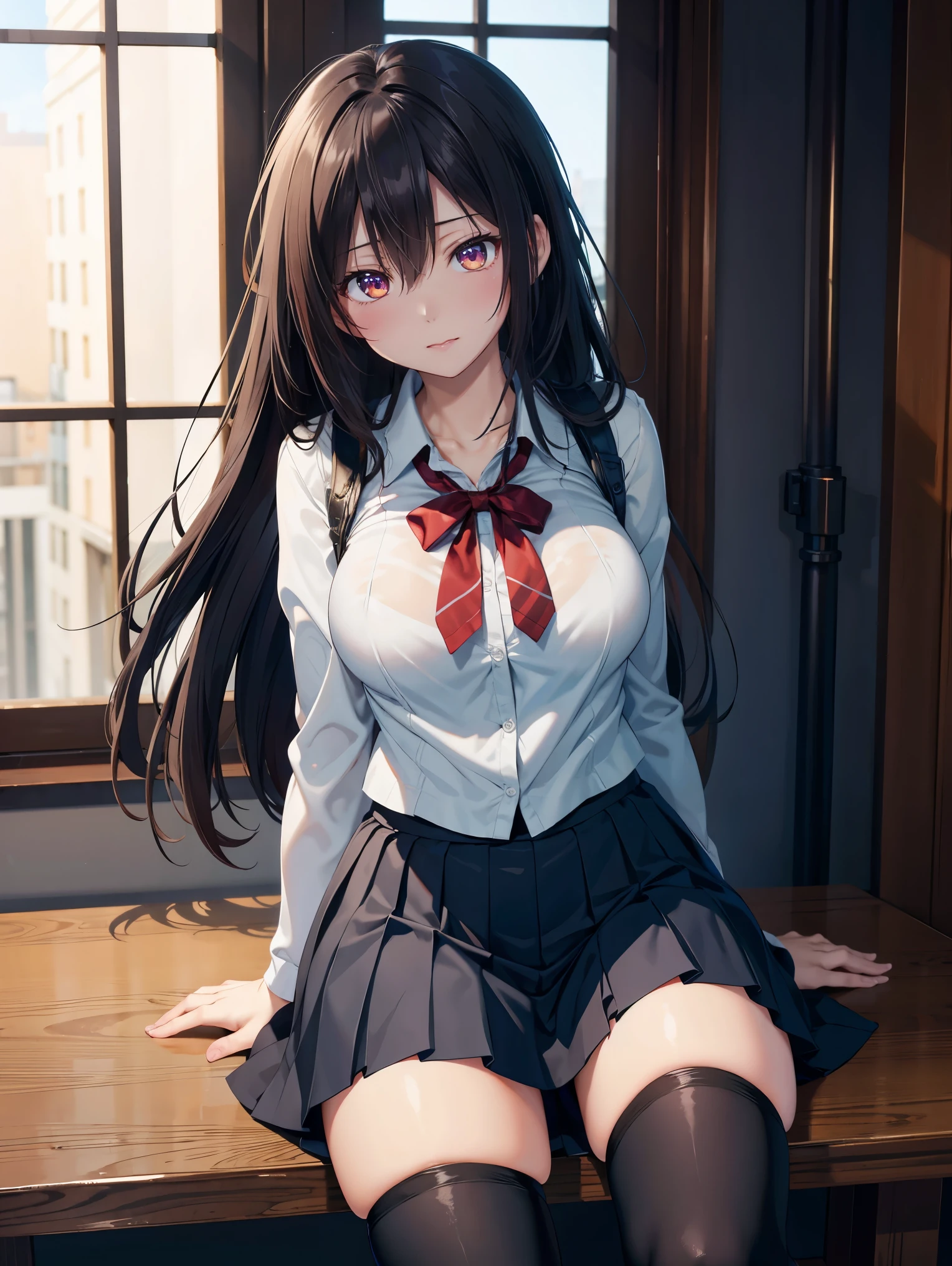 A middle school girl with long black hair wearing a school uniform who lifts up her skirt to reveal white panties.