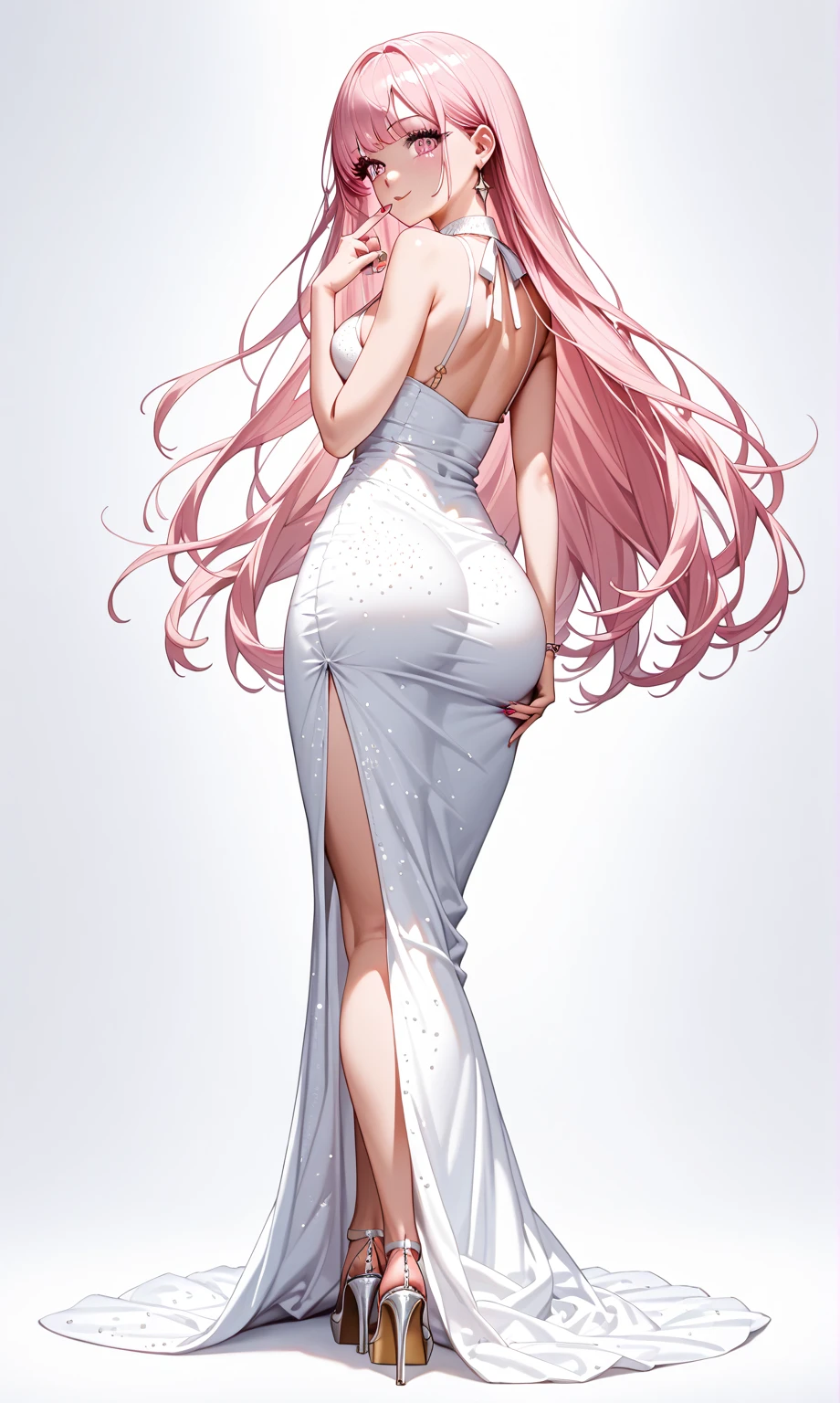 masterpiece, best quality, very aesthetic, absurdres, 1girl, mature_lady, full body, ,glaring, scowl,Pastel pink hairahoge,Backless Sequin Maxi Dress,Japanese / Traditional Japanese,floating_hair