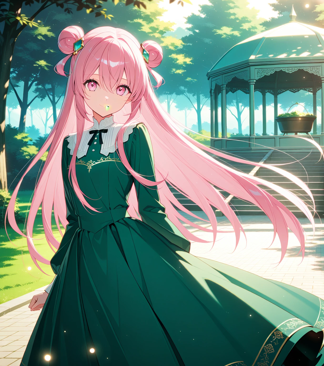 score_9, score_8_up, score_7_up, masterpiece, absurdres, source_anime,safe, 1girl, solo, adult, girl focus, adult, very detailed expressive eyes, very detailed eyes, aesthetic eyes, bright eyes, (bright pink eyes),  pink eyes, beautifully styled hair, very detailed hair, straight hair, bright pink hair, long hair, hair between eyes, (hair styled straight),  (two small hair buns), (straight hair),  loose hair,styled hair,  little smile, looking at viewer, (small breasts), shiny skin, healthy skin colour, BREAK
(green dress,long dress, hair ornament),  standing,  half body, cowboy shot, BREAK
outdoors, nature, gazebo, BREAK
HDR, 8K, masterpiece, best quality, amazing quality, very aesthetic, high resolution, ultra-detailed, absurdres, newest, scenery, 
aesthetic detailed background, best quality, game cg aesthetics,
 beautiful detailed eyes, detailed skin, detailed hair, light particles,  depth of field, natural shadows, 
(masterpiece), ultra-detailed, 1024k UHD wallpaper, ultra-high resolution, depth of field, HDR, Ray tracing, RTX, high saturation, photon mapping, best texture quality, best compotitions, (extremely detailed CG 1024k wallpaper), High Details, Detailed face, Detailed Clothes, Ultra HD Photo, Perfect Face, expressive eyes, bright colours