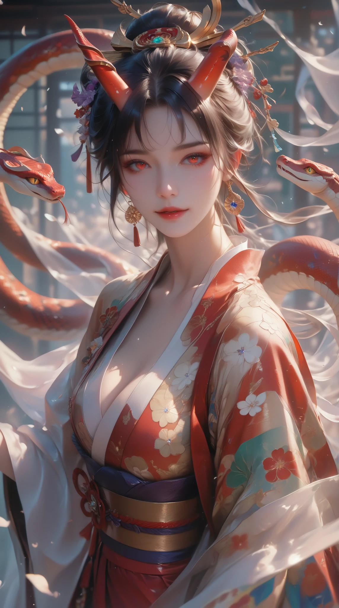 (( best quality )),( ultra high definition),( very detailed ),( detailed description),(( best CG )),(Masterpiece), High Definition Art ,( Art in precise detail:1.5), woman, Two Rainbow Horns, Red Snake Eyes , Scaled Kimono