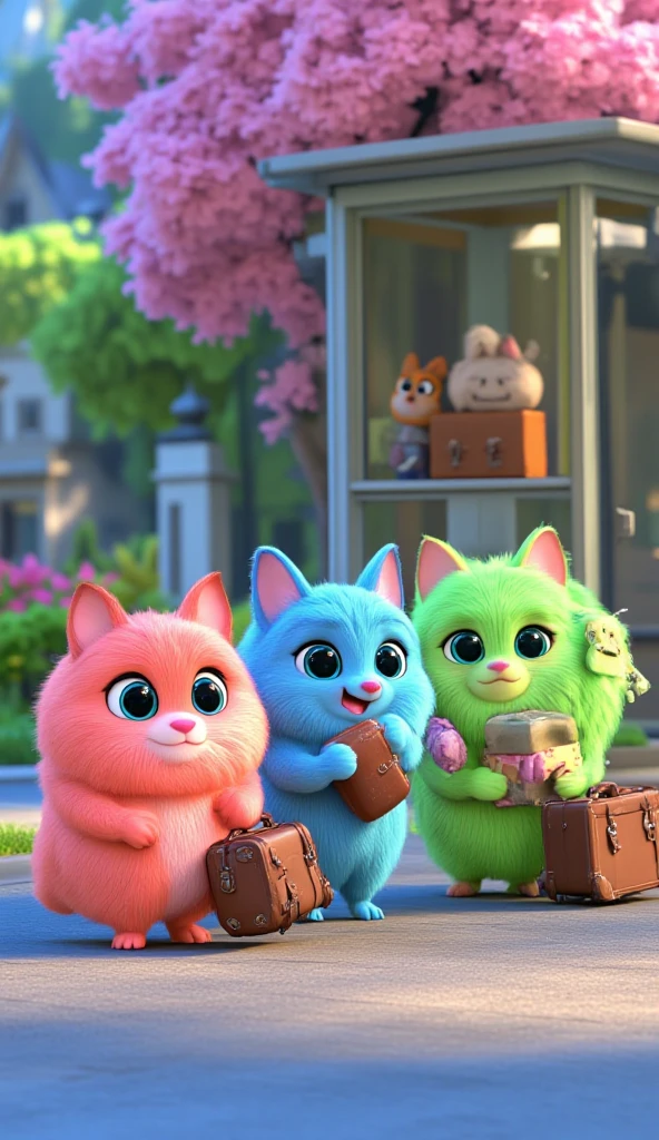 Image of a cute creatures, their body is like a fluffy fur ball, bright colour yet soft tone, tiny hands and legs, big eyes, ears like a cat, tiny fish-like mouth, tail like a . They are many, and each has different fur colour. They are playful. 3D rendered, blender, ethereal.

They are patiently queing in a bus stop, they carry luggages.