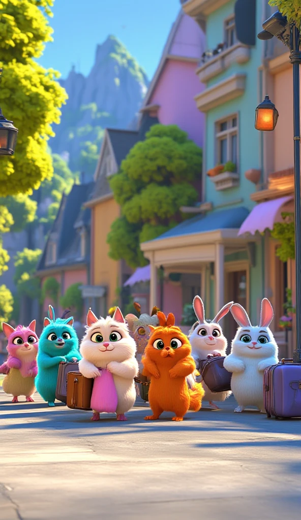 Image of a cute creatures, their body is like a fluffy fur ball, bright colour yet soft tone, tiny hands and legs, big eyes, ears like a cat, tiny fish-like mouth, tail like a . They are many, and each has different fur colour. They are playful. 3D rendered, blender, ethereal.

They are patiently queing in a bus stop, they carry luggages.