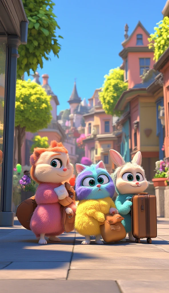 Image of a cute creatures, their body is like a fluffy fur ball, bright colour yet soft tone, tiny hands and legs, big eyes, ears like a cat, tiny fish-like mouth, tail like a . They are many, and each has different fur colour. They are playful. 3D rendered, blender, ethereal.

They are patiently queing in a bus stop, they carry luggages.