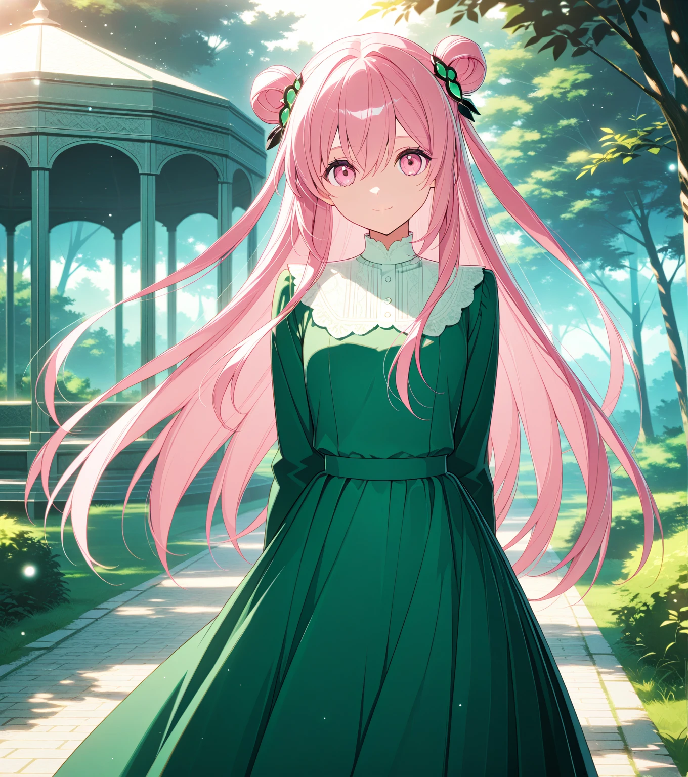 score_9, score_8_up, score_7_up, masterpiece, absurdres, source_anime,safe, 1girl, solo, adult, girl focus, adult, very detailed expressive eyes, very detailed eyes, aesthetic eyes, bright eyes, (bright pink eyes),  pink eyes, beautifully styled hair, very detailed hair, straight hair, bright pink hair, long hair, hair between eyes, (hair styled straight),  (two small hair buns), (straight hair),  loose hair,styled hair,  little smile, looking at viewer, (small breasts), shiny skin, healthy skin colour, BREAK
(green dress,long dress, hair ornament),  standing,  half body, cowboy shot, BREAK
outdoors, nature, gazebo, BREAK
HDR, 8K, masterpiece, best quality, amazing quality, very aesthetic, high resolution, ultra-detailed, absurdres, newest, scenery, 
aesthetic detailed background, best quality, game cg aesthetics,
 beautiful detailed eyes, detailed skin, detailed hair, light particles,  depth of field, natural shadows, 
(masterpiece), ultra-detailed, 1024k UHD wallpaper, ultra-high resolution, depth of field, HDR, Ray tracing, RTX, high saturation, photon mapping, best texture quality, best compotitions, (extremely detailed CG 1024k wallpaper), High Details, Detailed face, Detailed Clothes, Ultra HD Photo, Perfect Face, expressive eyes, bright colours